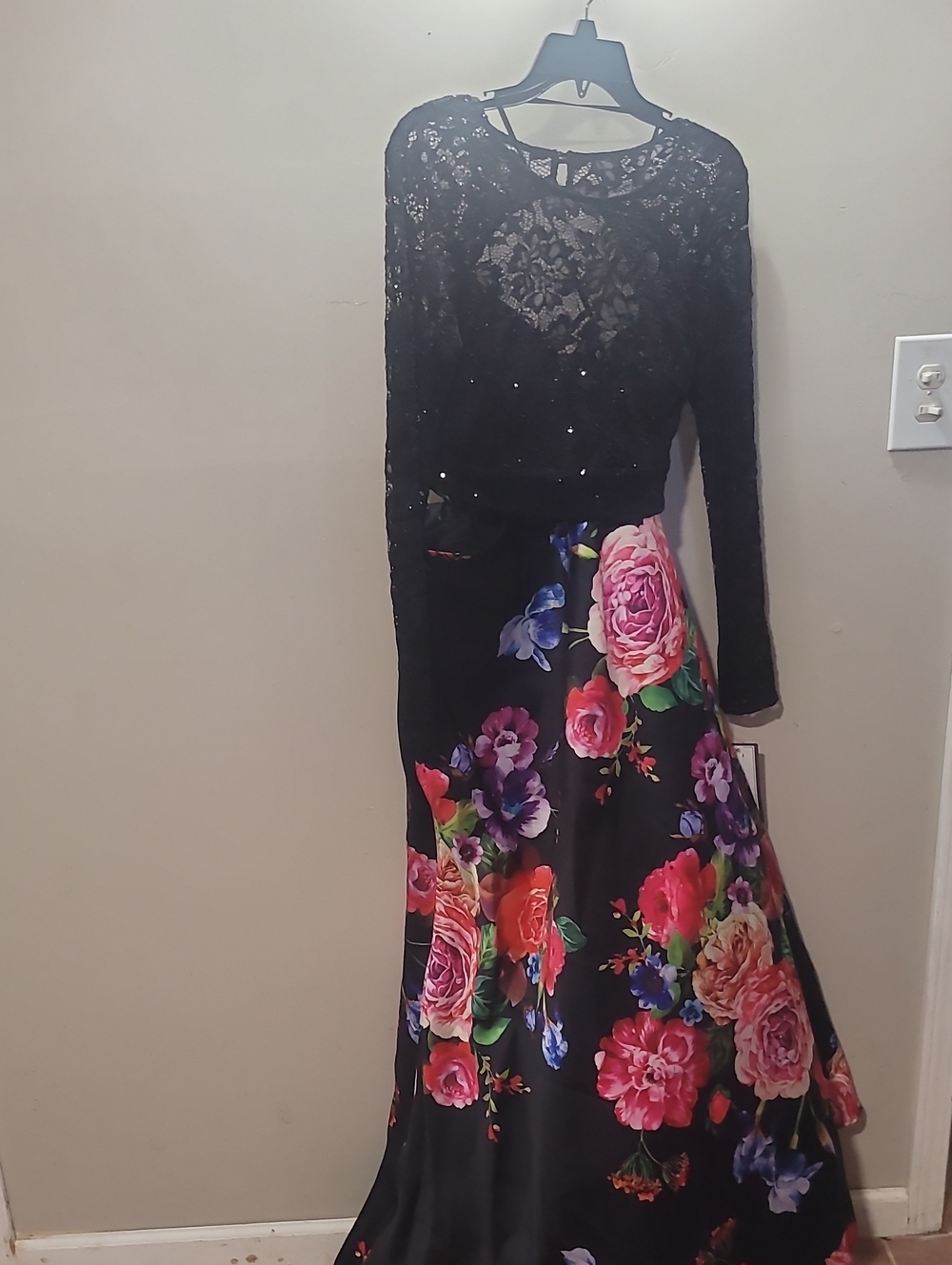 Macy's Black Lace Backless Top with Bold Floral Skirt